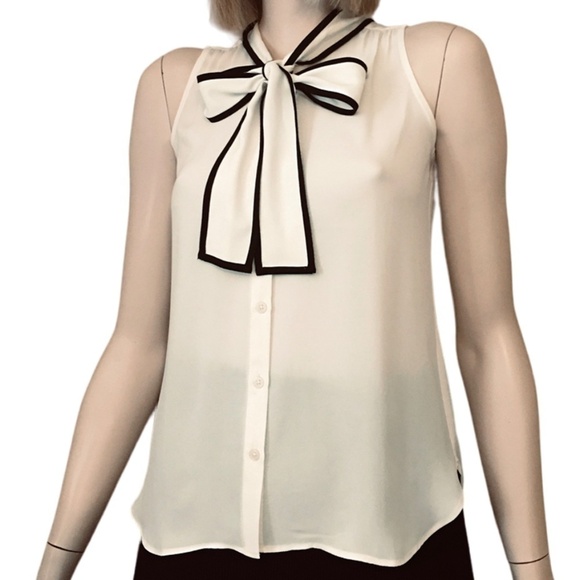 Loft Bow Tie Detail Sleeveless Blouse Button Front Top Shirt Lightweight - Picture 13 of 15